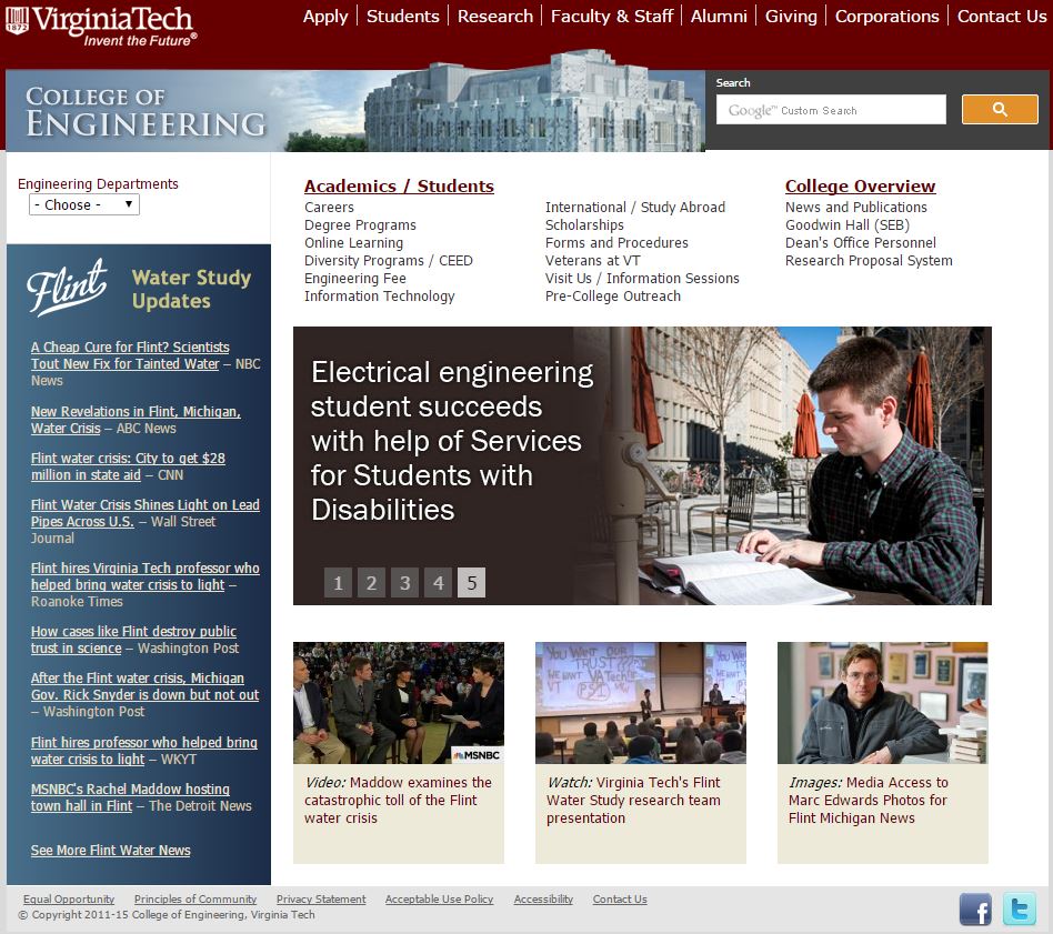 Bryan Faulkner studies outside of Lavery Hall; Virginia Tech College of Engineering Homepage.